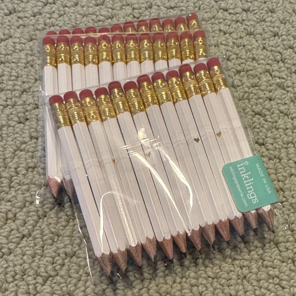White and Gold Heart Pencils with Pink Erasers for Bridal or Baby Shower 3 packs